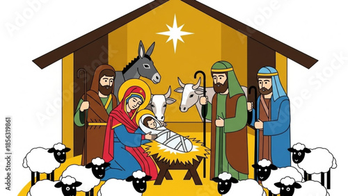 Nativity scene with holy family, shepherds, sheep, donkey, ox, and star, a biblical christmas illustration