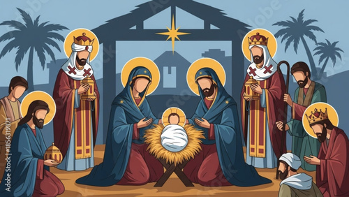 Nativity scene with holy family and three wise men in manger surrounded by angels and shepherds under starry night sky with palm trees