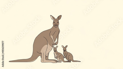 A mother kangaroo with two joeys in her pouch and beside her on a plain beige background, family wildlife scene with cute marsupials