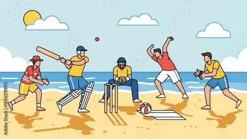 Beach cricket game with friends on sunny day at ocean shore with blue sky and white clouds