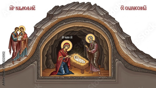 Nativity scene in a cave with mary, joseph, jesus, and angels, traditional christian religious iconography, holy family, biblical illustration