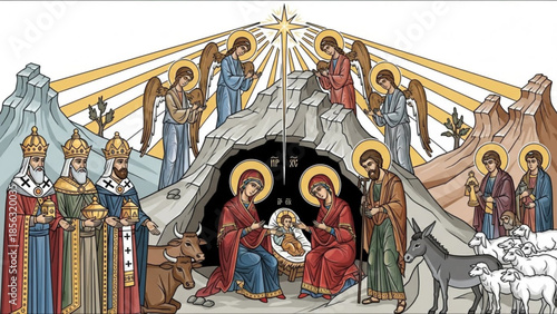 Nativity scene with holy family, angels, shepherds, and kings, celebrating jesus' birth, surrounded by animals, in a colorful, traditional illustration