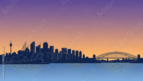 Sydney city skyline at sunset with sydney opera house and harbour bridge silhouette, purple and orange gradient sky, calm water reflection, cityscape