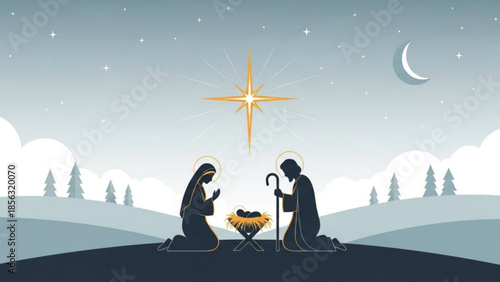 Nativity scene with mary, joseph, and baby jesus in a manger under a starry night sky with a bright star shining above, crescent moon, clouds, and trees in the background
