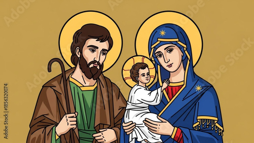 Holy family illustration with halos, mother, father, and baby, sacred christian iconography in gold background