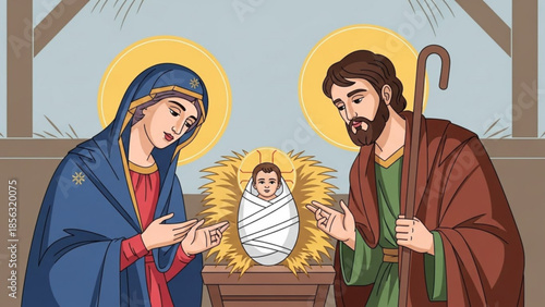 Mary, joseph, and baby jesus in a manger, a traditional christian nativity scene with a blue and red color scheme, gold haloes, and a rustic background