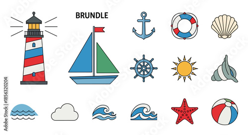 Collection of Cartoon Nautical Symbols and Icons.