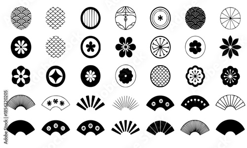 Abstract black and white circular ornament and fan pattern set, geometric rosette icons, radial mandala shapes, traditional decorative motifs, minimal monochrome design elements