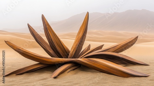 Twisted rust eaten metal fragments forming an abstract sculpture in a desert landscape