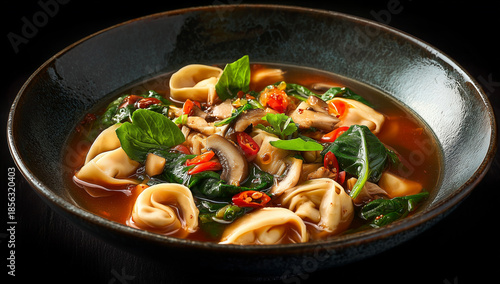 Wallpaper Mural Flavorful wonton soup with vegetables and spices served in a black bowl Torontodigital.ca