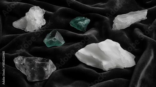 Vibrant uncut emerald and sapphire gemstones with raw quartz crystals on a dark textured fabric surface