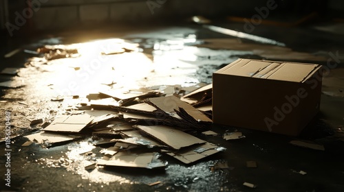 Waterlogged cardboard boxes disintegrating into pulp on a wet floor covered in debris and scattered pieces of damaged packaging material