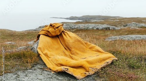 Worn ochre fabric draped over a rough stone in a misty outdoor landscape