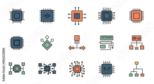 A collection of various technology icons including microchips, processors, and network diagrams in a flat design style.