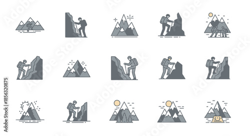 A collection of minimalist line art icons depicting mountain climbing, hikers ascending peaks, and various mountain landscapes with sun and stars.