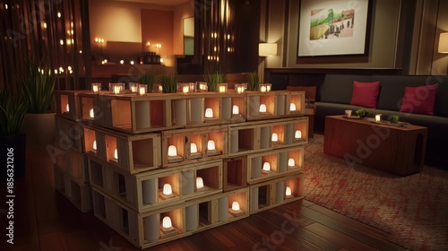 Wooden crates stacked to create a warm ambient display of glowing candles inside an interior setting