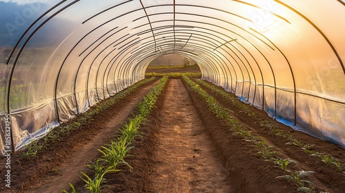 Young plants growing in neat rows inside a long agricultural tunnel greenhouse structure with sunlight filtering through the plastic sheeting