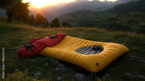 Yellow inflatable sleeping pad with red sleeping bag set up for camping outdoors on a grassy hillside at sunrise with mountains in the background
