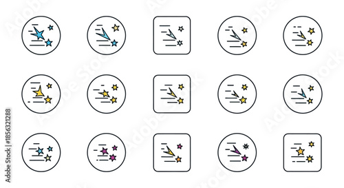 A collection of colorful shooting star icons in various styles and frames, depicting celestial motion and wishes.