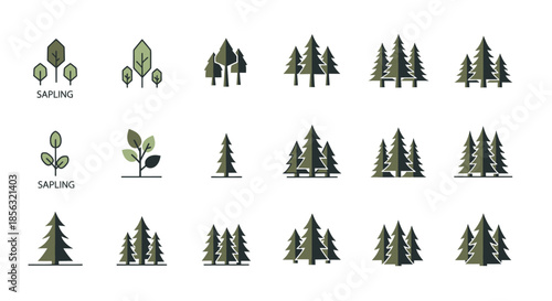 A collection of various tree illustrations, showcasing different stages of growth from saplings to dense forests, in diverse styles.