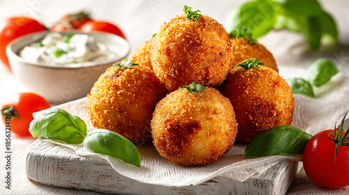 Wallpaper Mural Crispy golden fried balls served with fresh herbs and dipping sauce Torontodigital.ca