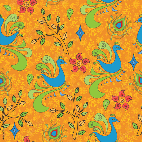 Wallpaper Mural Decorative Peacock and Botanical Seamless Repeat Vector Pattern Inspired by Ethnic and Paisley Motifs on Bright Orange Background for Fabric and Wrapping Paper Torontodigital.ca