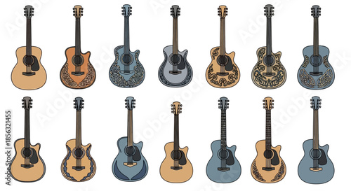 A collection of various acoustic guitars with different colors and decorative patterns displayed in two rows.