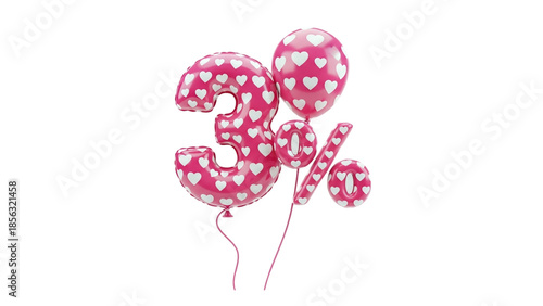 3D 30 Percent Discount Balloons with Hearts on transparent background