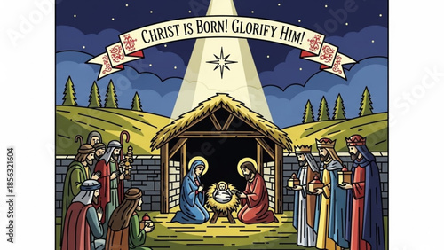 Nativity scene with people gathered around baby jesus in manger under starry night sky with banner reading christ is born glorify him