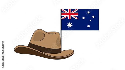 Australian flag and cowboy hat illustration, symbolizing australia day celebrations and patriotism with a rural touch, national pride and country lifestyle
