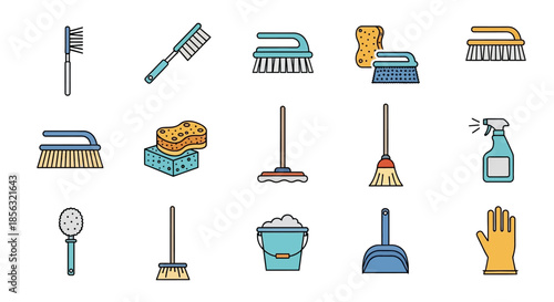 A collection of colorful flat design icons depicting various cleaning tools and supplies on a white background.