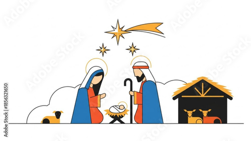 Nativity scene with mary, joseph, baby jesus, donkey, oxen, and starry night sky in a colorful illustration