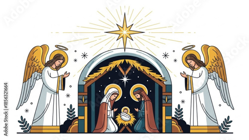 Nativity scene with angels, mary, joseph, and baby jesus in a manger under a starry night sky with a bright shining star