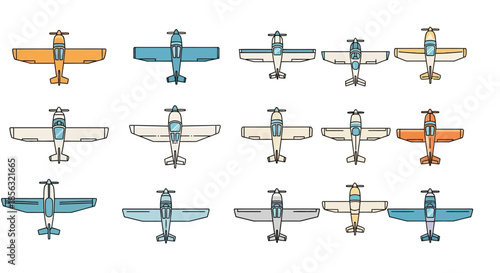 An array of colorful cartoon-style propeller aircraft, including biplanes and monoplanes, seen from a top perspective, illustrating various designs.