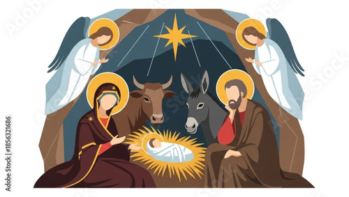 Nativity scene with holy family, angels, ox, donkey, and star of bethlehem in a manger