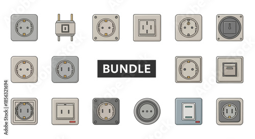 Bundle of various electrical power outlets and sockets from different countries, featuring a range of plug types and wall plates.