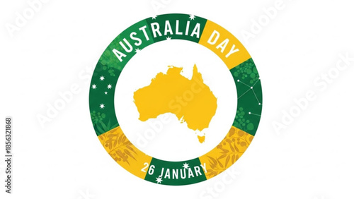 Australia day celebration logo with green and yellow circular design and map of australia on white background