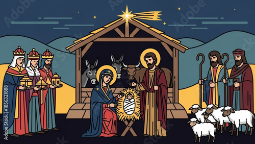 Nativity scene with holy family, three wise men, shepherds, sheep, donkey, and ox in a manger under a starry night sky with a bright shining star