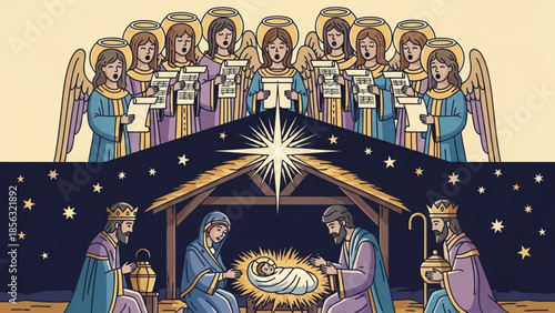 Nativity scene with holy family, angels singing, and star of bethlehem shining brightly in night sky with celestial bodies