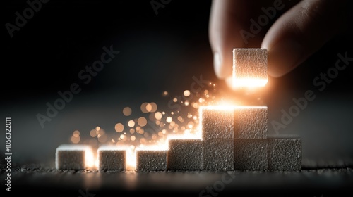 Hand placing a glowing cube atop a staircase of cubes, representing growth