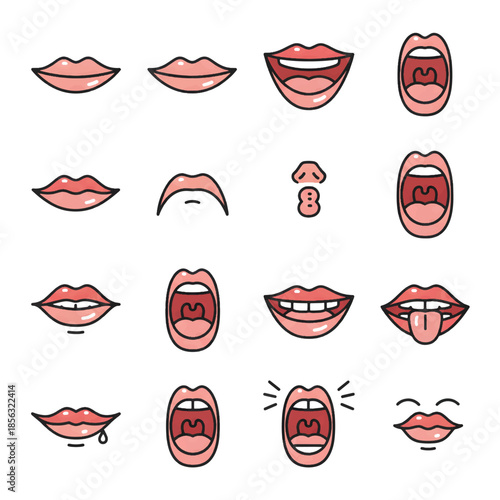 Mouth and Lips Expression Icon Set Isolated on White, Flat Line Art Anatomy and Smile Symbols