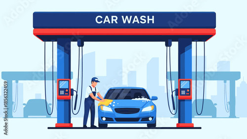 Car wash service at gas station with attendant cleaning vehicle