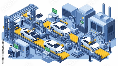 Modern car manufacturing plant with automated assembly line