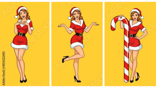 Beautiful pinup girl in red christmas dress posing on yellow background
