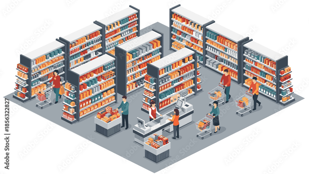 Obraz premium Busy supermarket scene with customers and cashiers