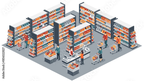 Busy supermarket scene with customers and cashiers