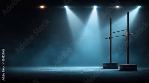 Gymnastics Hurdle Set Under Bright Spotlight in Dark Arena With Blue Lighting and Ground Level View on a Smokey Background