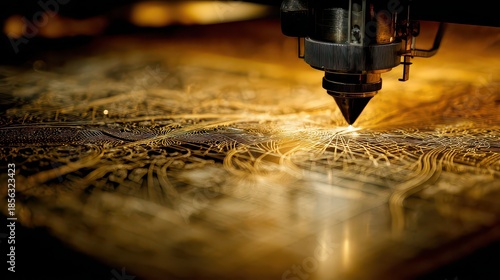 Industrial Laser Cutting Machine in Operation Metal Cutting Process with Bright Sparks in Dark Environment Precision Technology Equipment