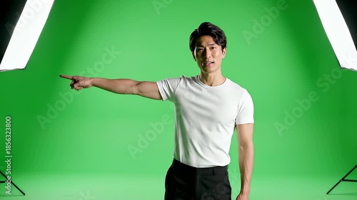 Man Pointing in Studio with Green Screen.