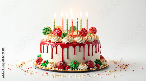 Christmas themed birthday cake with fruit and lollipop decorations